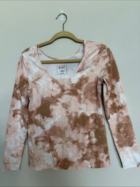 Candace Cameron Bure Long Sleeve Scoop Neck Tie-Dye Top - Pink & Brown